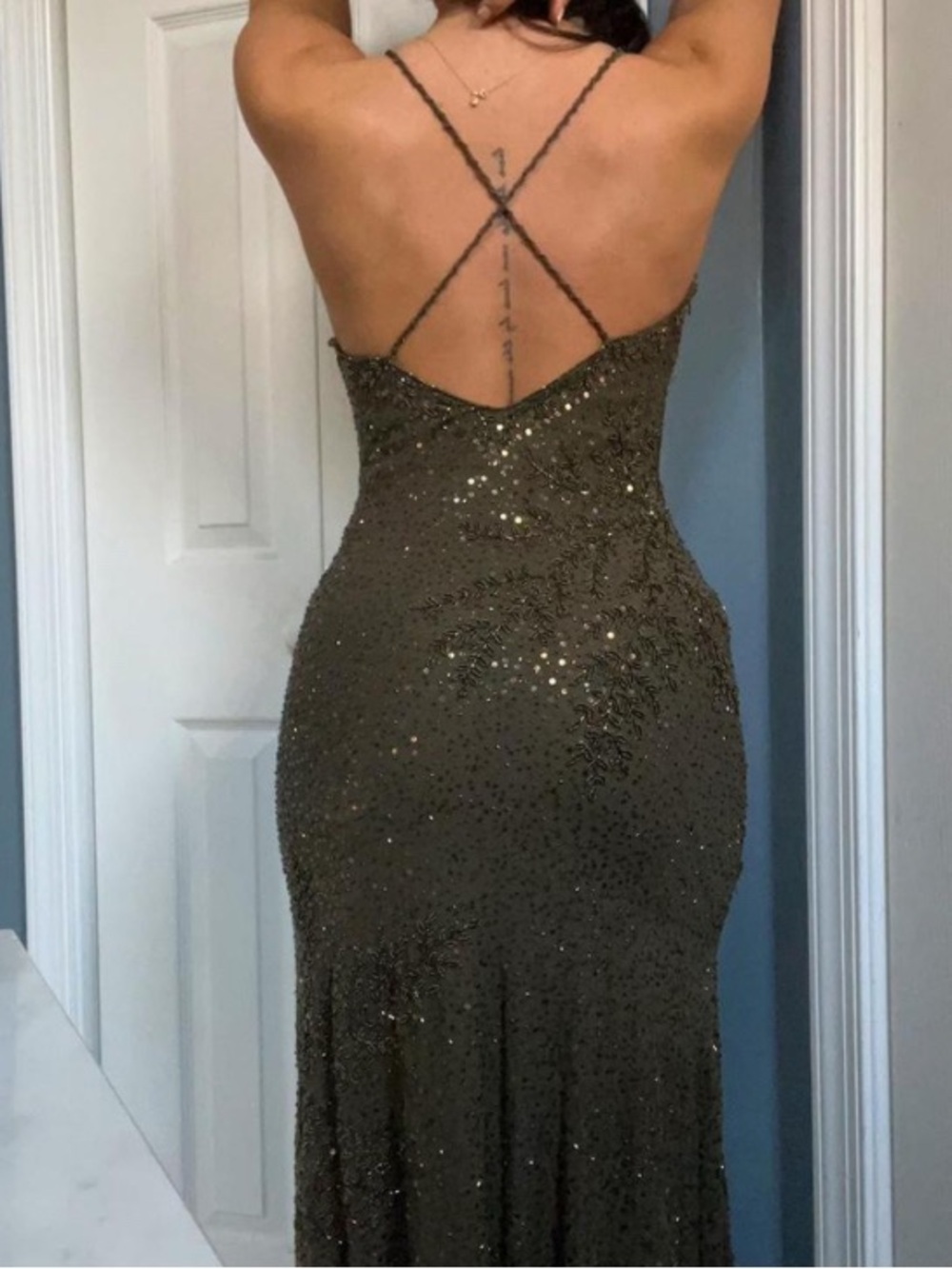 Sue Wong Olive Green Beaded Cowl Neck Camisole - Picture 5 of 16